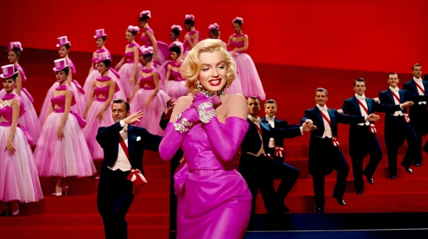 marilyn monroe in a bright pink strapless satin gown with matching long opera gloves in a vintage stage setting