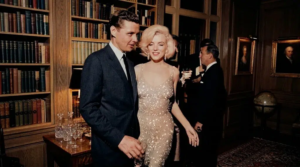 marilyn monroe in a fitted crystal covered nude toned evening gown beneath warm vintage theater stage lighting