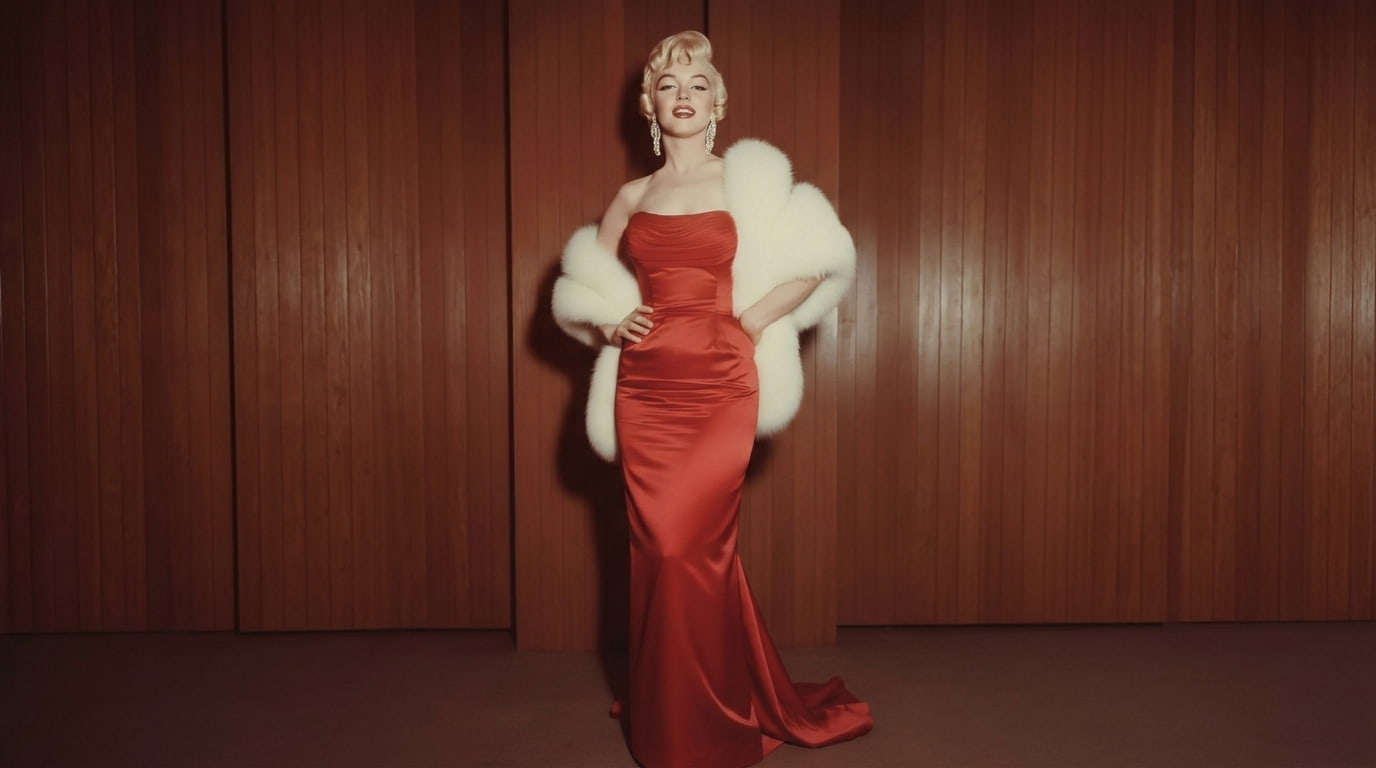 marilyn monroe in an elegant evening gown with an ivory fur stole at a glamorous vintage red carpet event