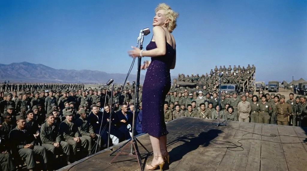 marilyn monroe performing in a deep eggplant sequined gown on a vintage outdoor stage during the 1950s