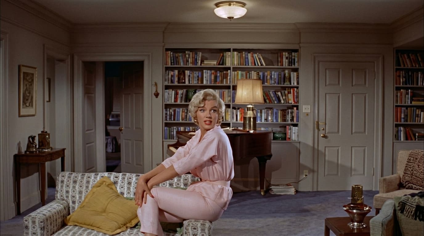 marilyn monroe relaxing at home in a soft silk pajama set inside a warm elegant mid century room