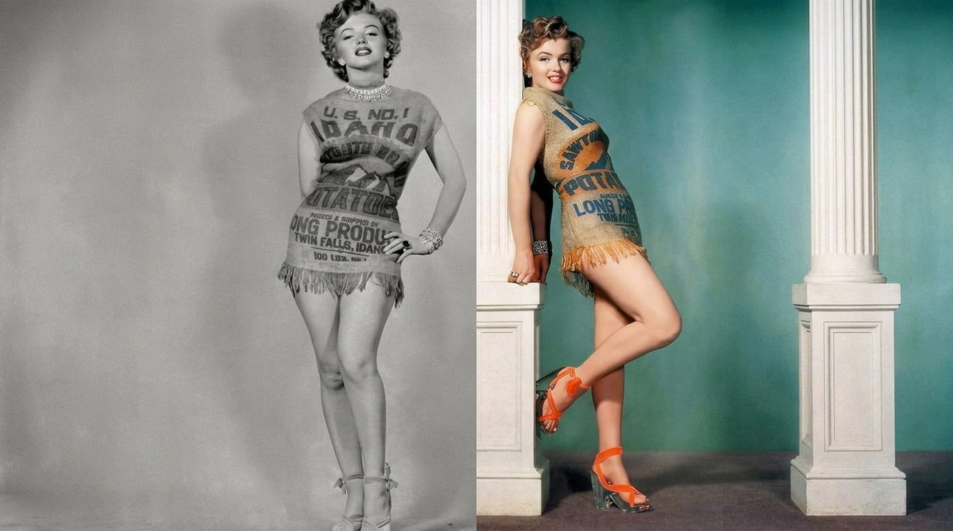 marilyn monroe smiling in a fitted burlap potato sack dress during a playful vintage publicity photo session
