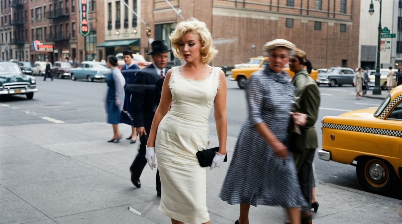 marilyn monroe wearing a simple fitted knee length sheath dress in an elegant vintage daytime setting
