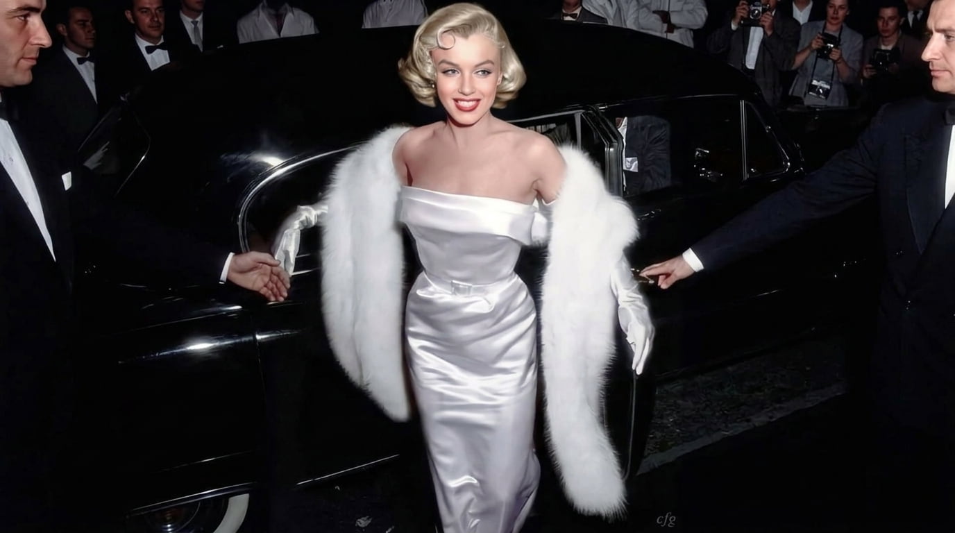 marilyn monroe wearing a sleek floor length white evening gown at an elegant vintage awards era event