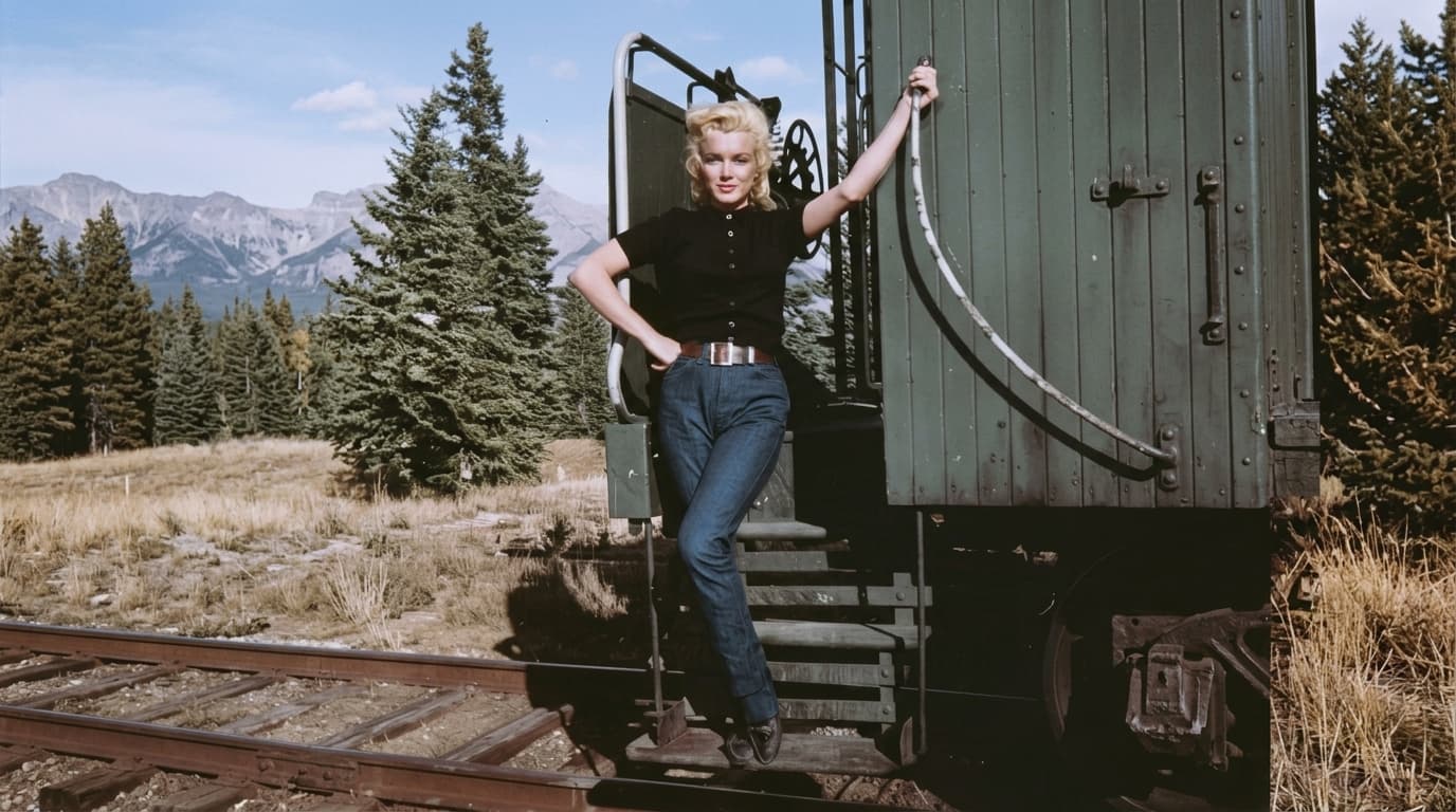 marilyn monroe wearing high waisted blue jeans and a white button down shirt in a relaxed vintage outdoor setting