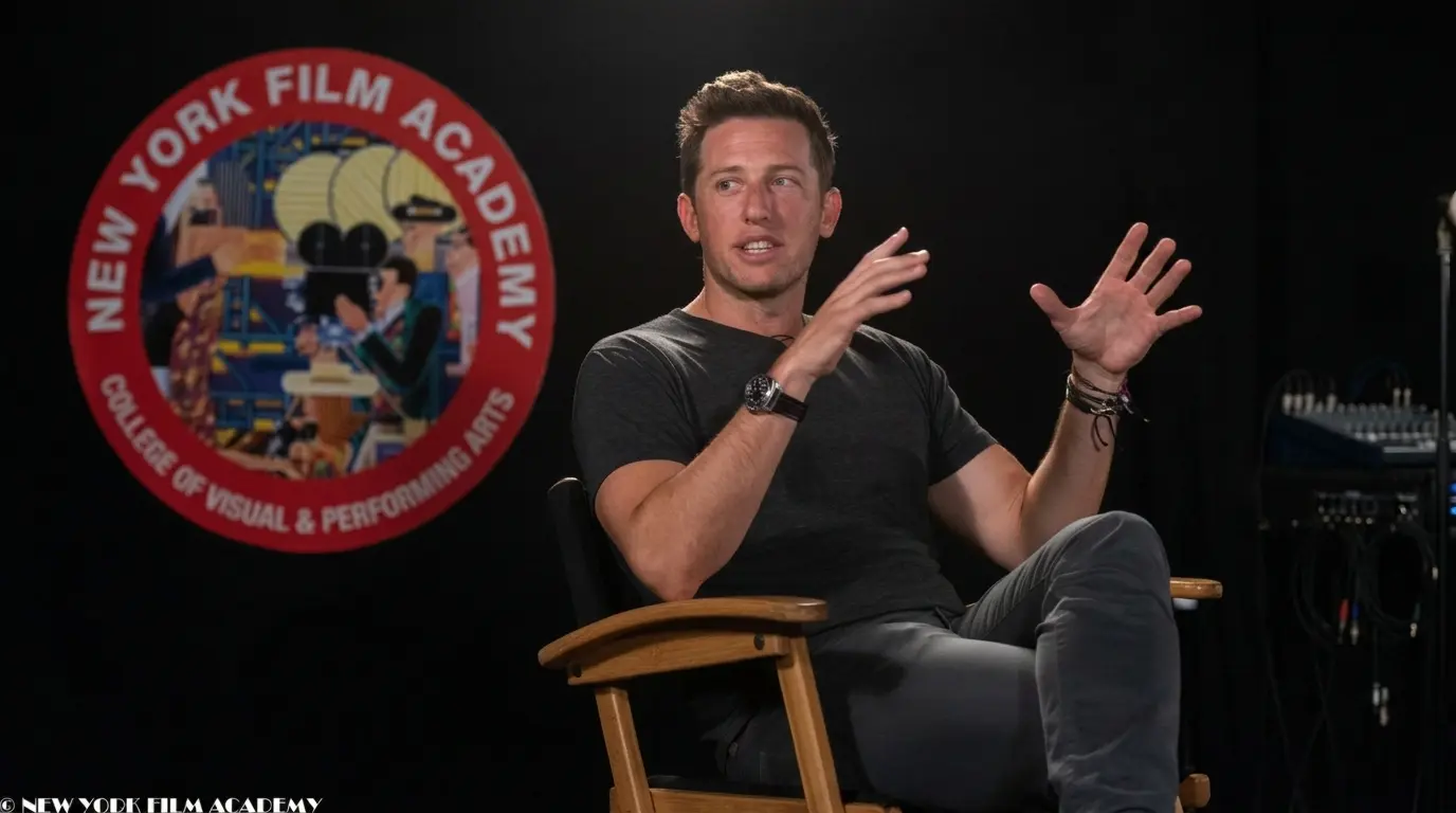 Matt Kaplan gestures while discussing his film producer career during an interview at the New York Film Academy studio