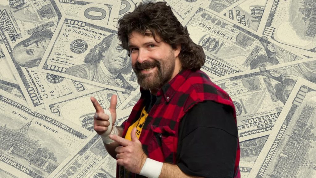 smiling bearded wrestler in red plaid vest posing with taped wrists against a background filled with us dollar bills