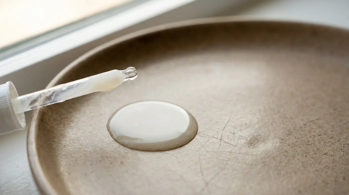 Dropper releasing liquid skincare serum onto brown ceramic plate in natural light