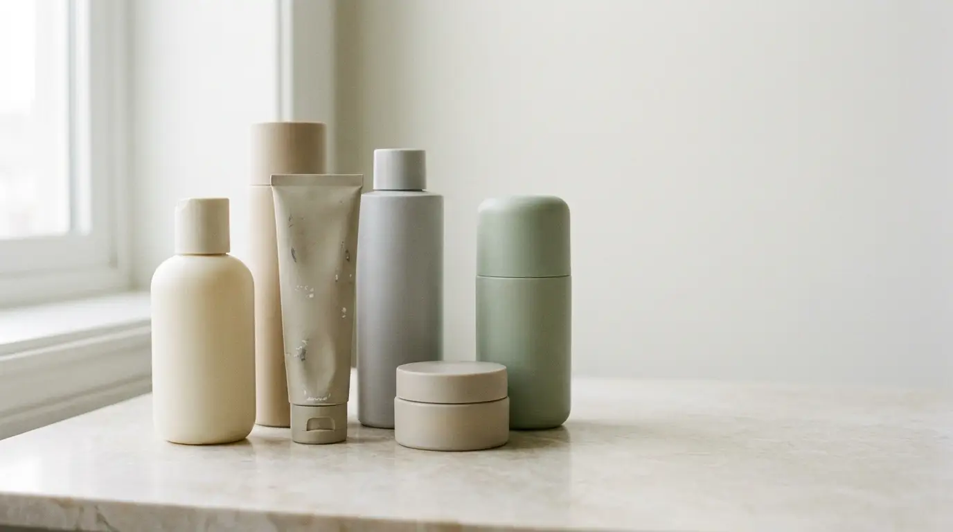 Assorted skincare bottles and containers on marble countertop in soft natural light