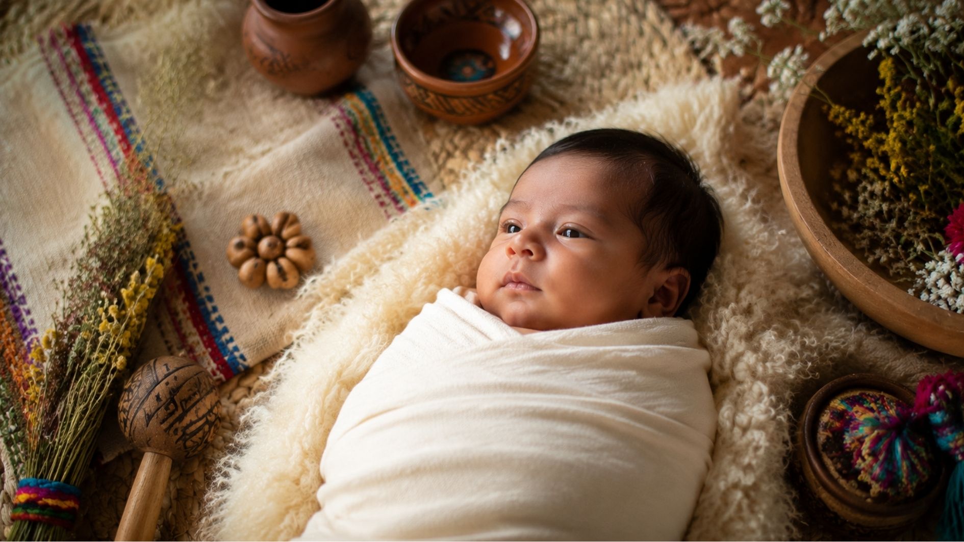 n new born wrapped in white surrounded by cultural decoration