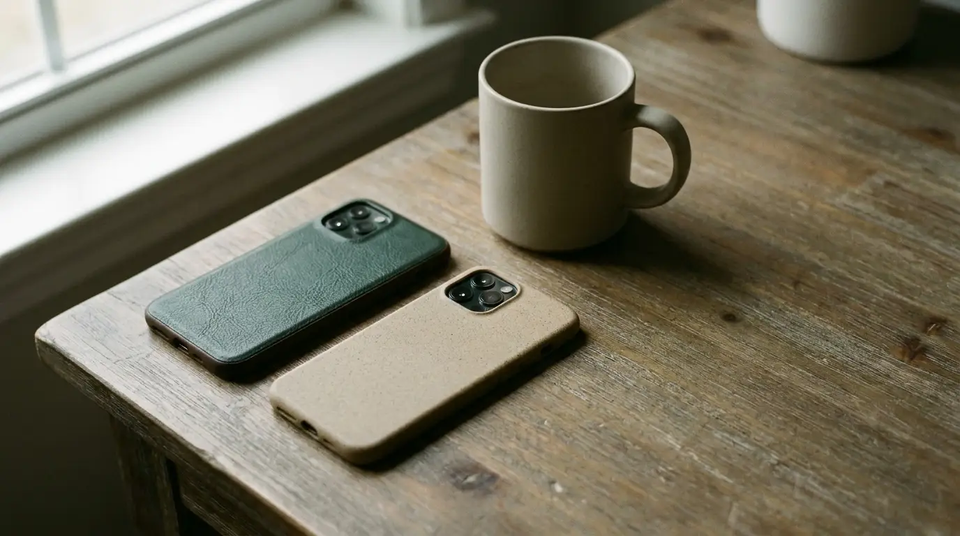 Two smartphones with cases next to a ceramic mug on a wooden table