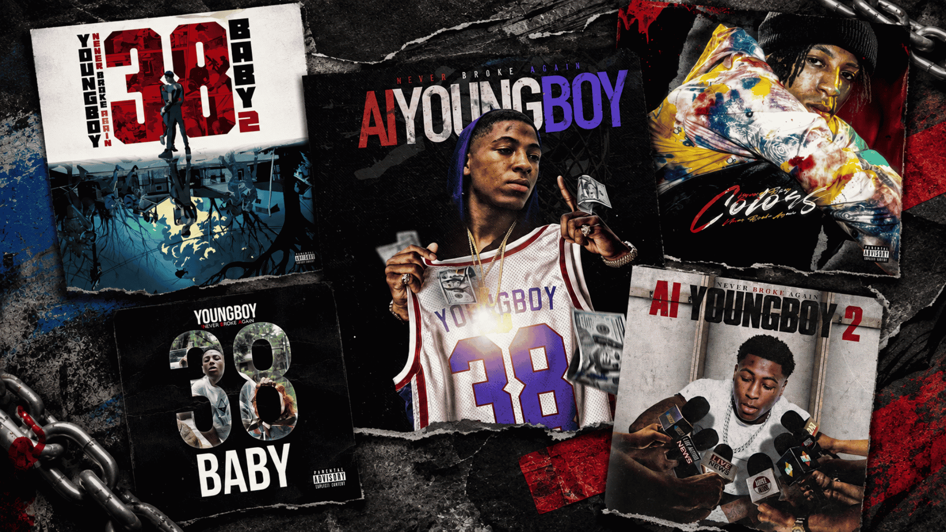 nba youngboy mixtape covers arranged in a layered collage on a dark textured backdrop