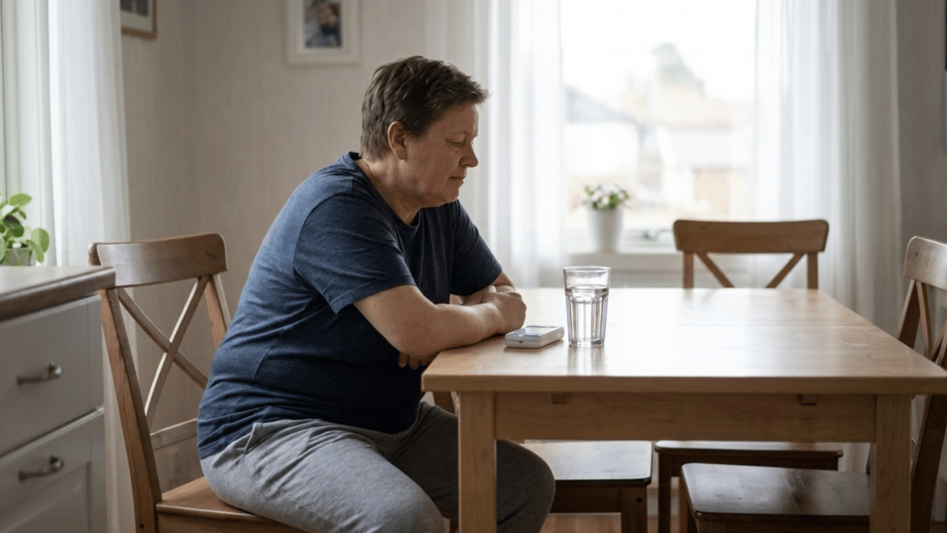 person at home with water on table after test