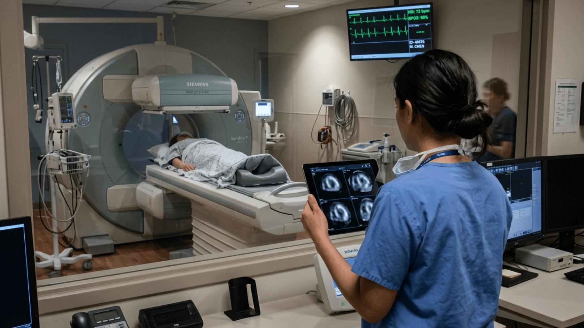 technician reviewing scan images during imaging phase