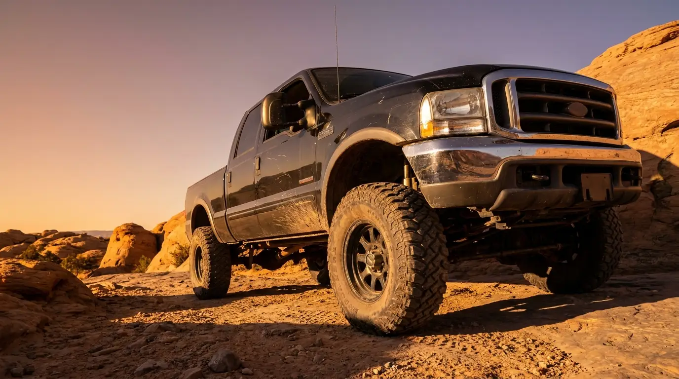 Off-road truck on dusty desert terrain under warm golden sunset skies