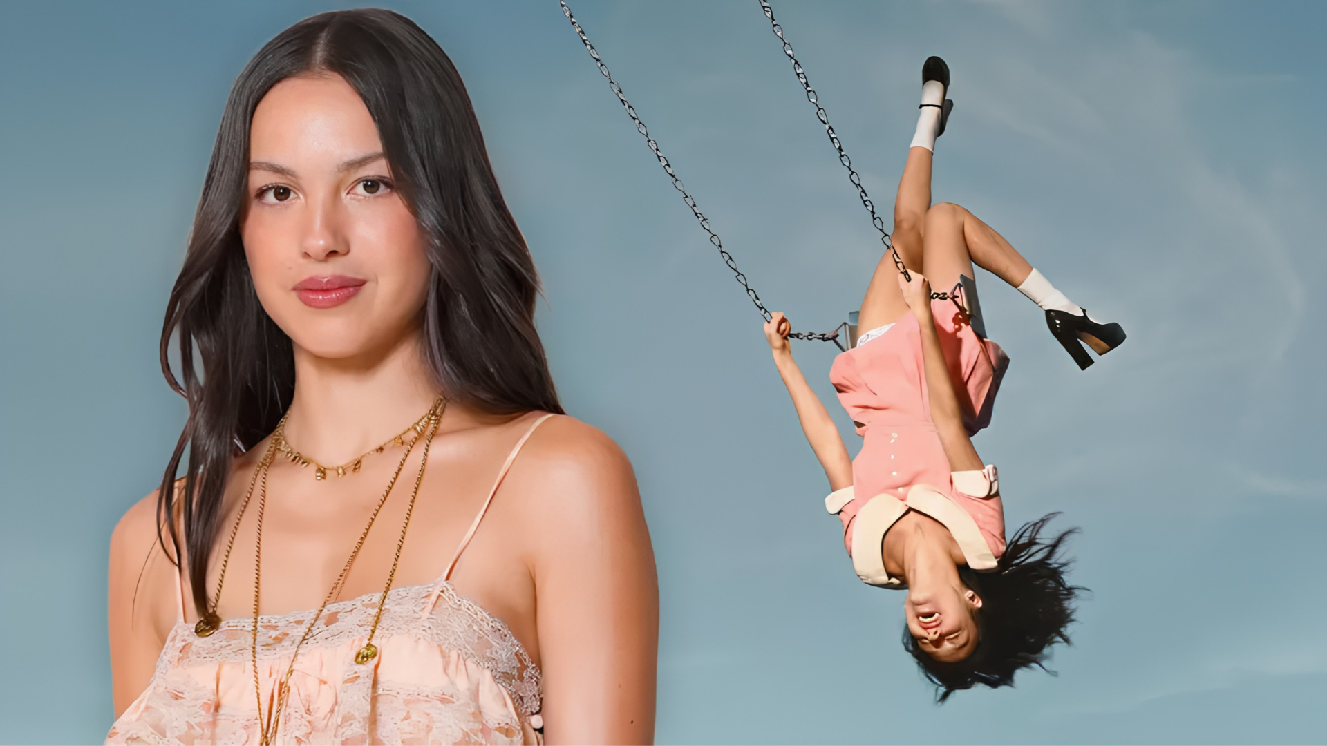 olivia rodrigo posing beside an upside down swing portrait featured in her new album poster and promotional artwork