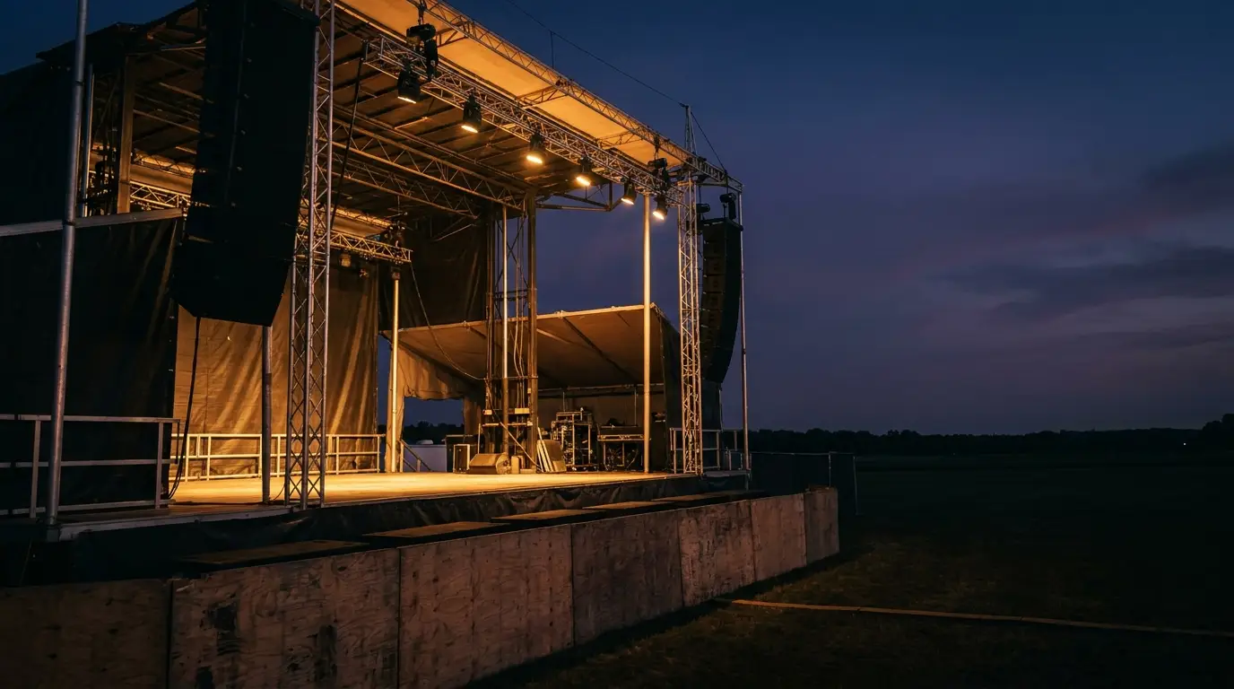 Outdoor concert stage with lighting setup at dusk, empty field in background