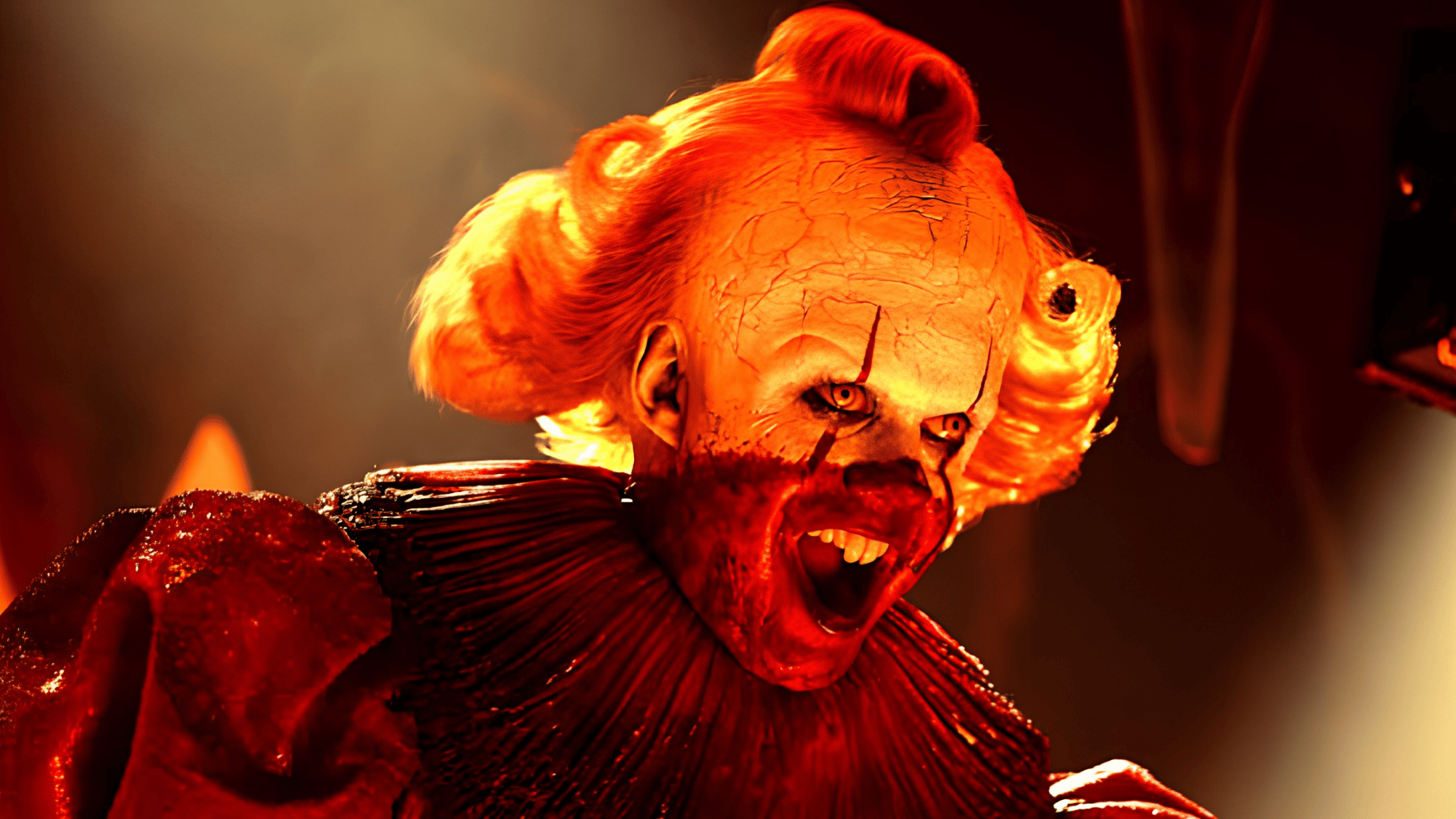 pennywise character from it welcome to derry season 2 shown in a dark red lighting horror scene