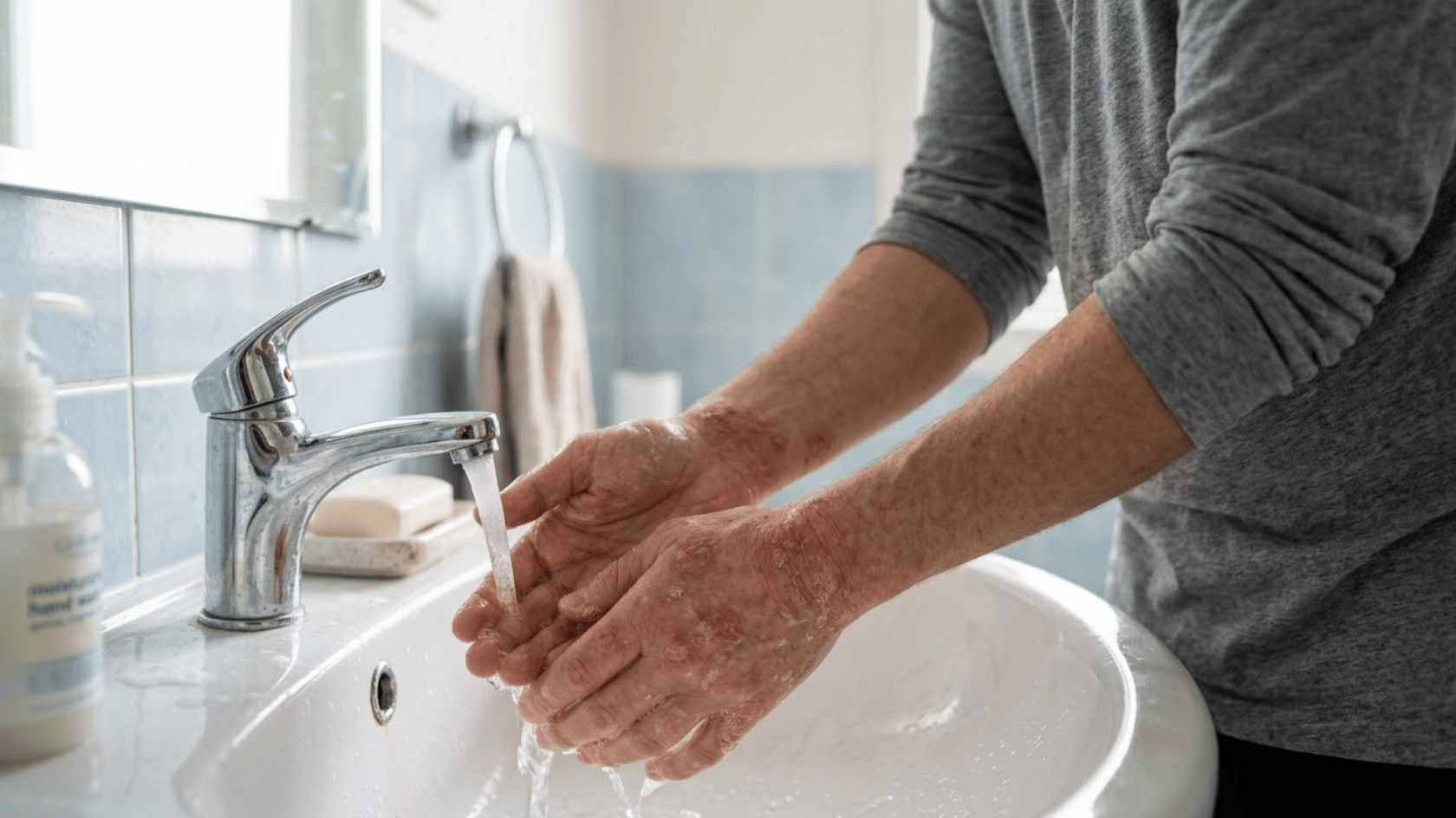 person with irritated hand eczema washing their hands under running water