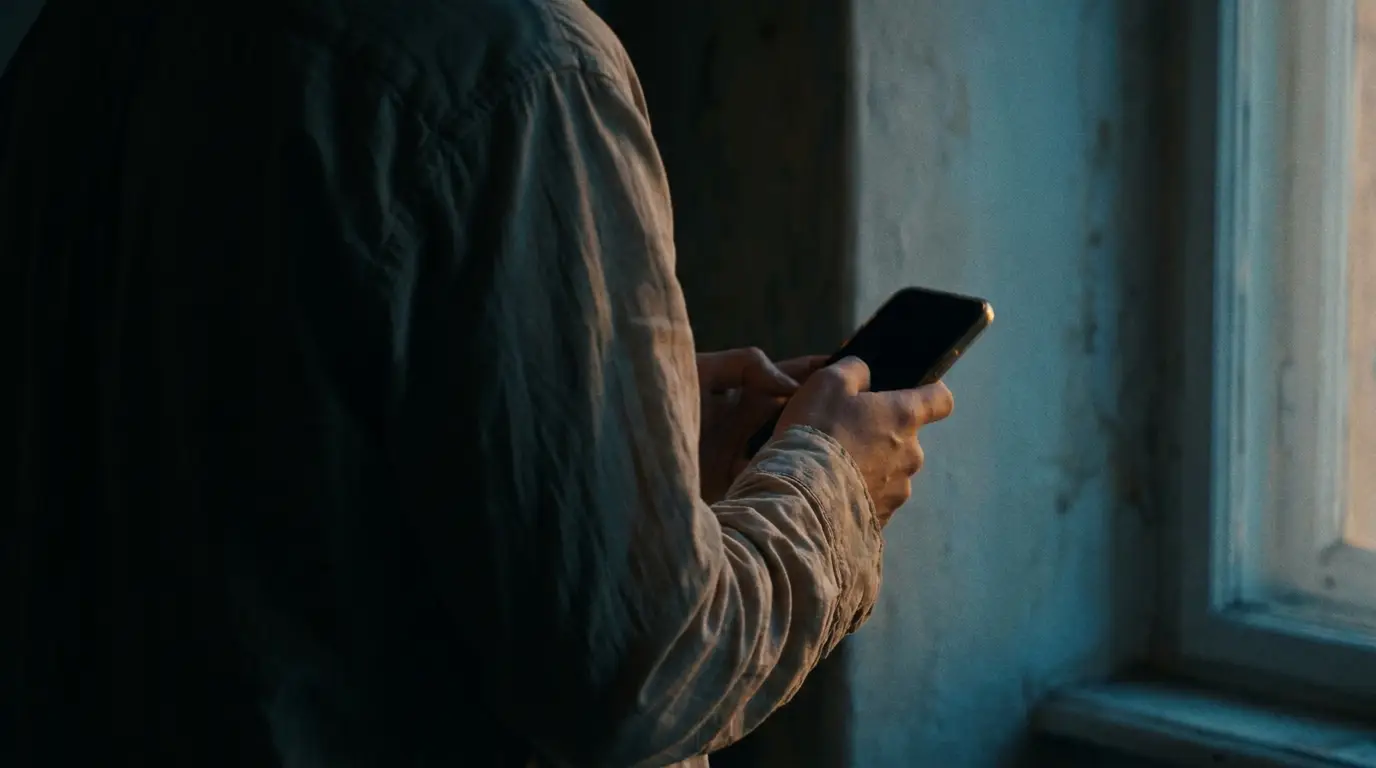 Person holding smartphone near window in dimly lit room wearing long-sleeved shirt