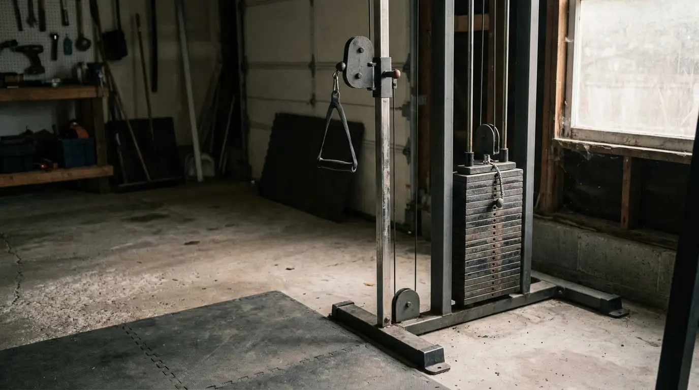Weights and cable machine in a dimly lit home garage gym setting