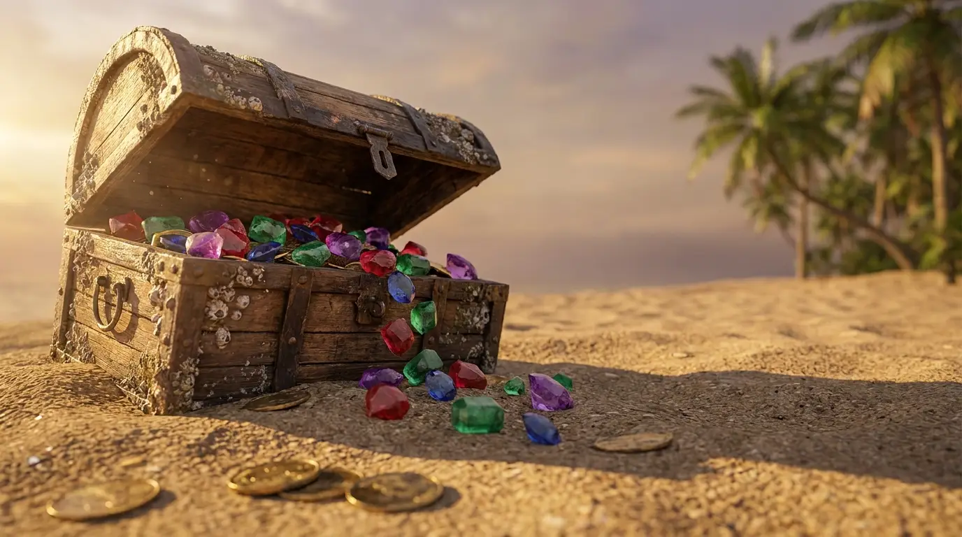Open wooden treasure chest with colorful gemstones on sandy beach at sunset