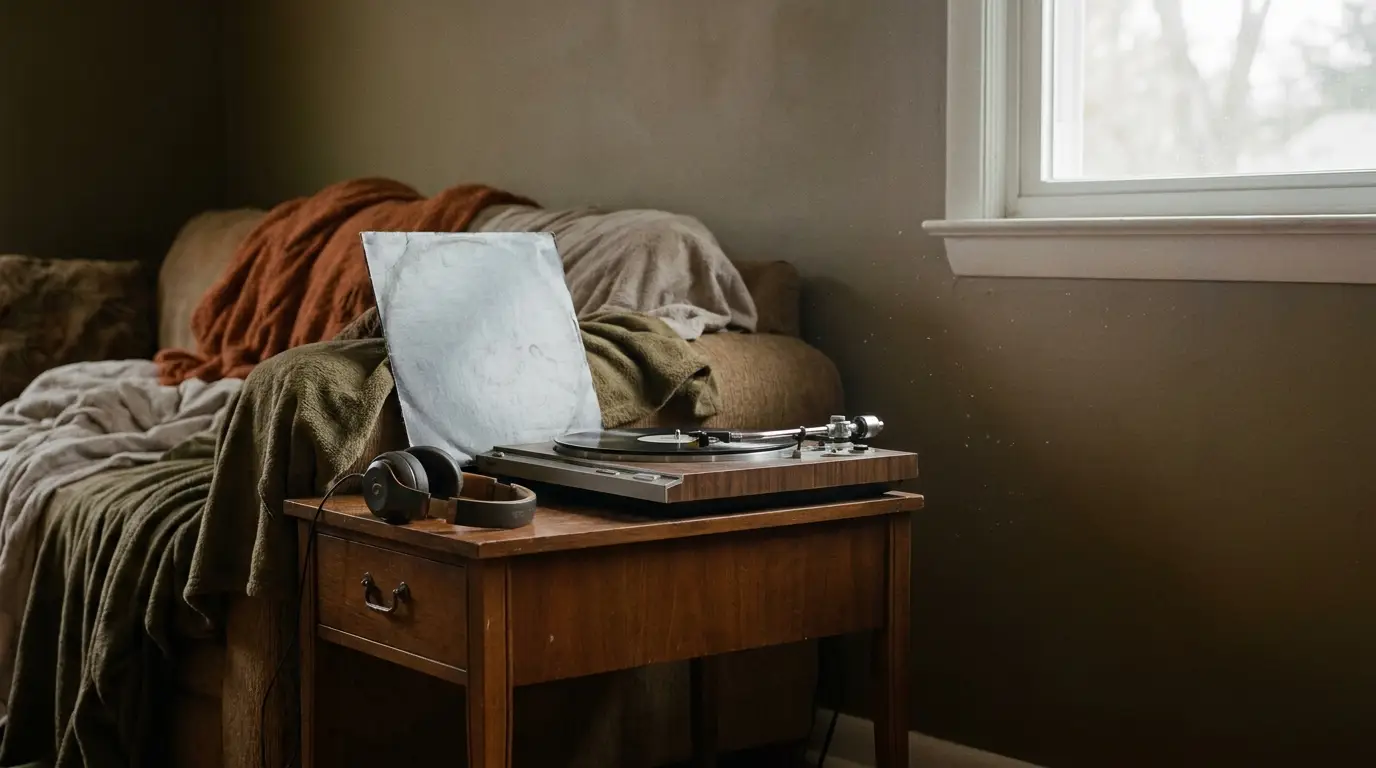 Vinyl record player and headphones on wooden table beside cozy sofa with blankets