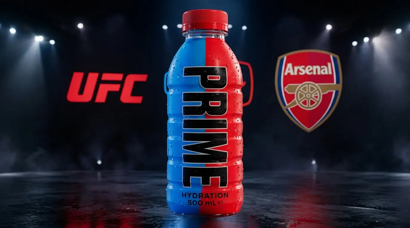 PRIME Hydration bottle in blue and red packaging, pictured alongside the UFC and Arsenal logos.