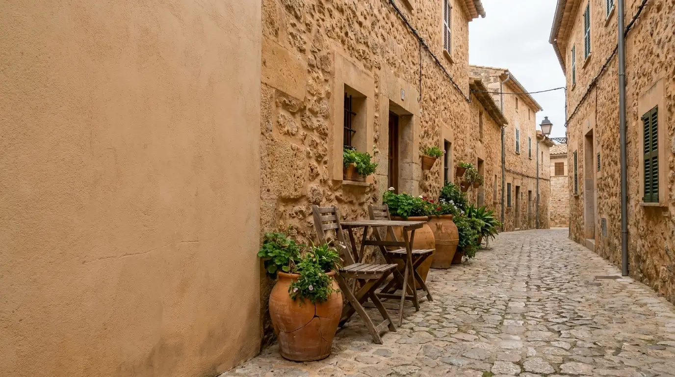 Narrow cobblestone alley with rustic stone buildings and wooden table with potted plants