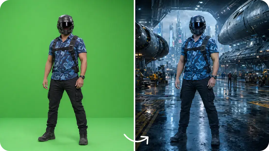 Person in tactical gear with helmet stands in front of green screen and sci-fi cityscape background