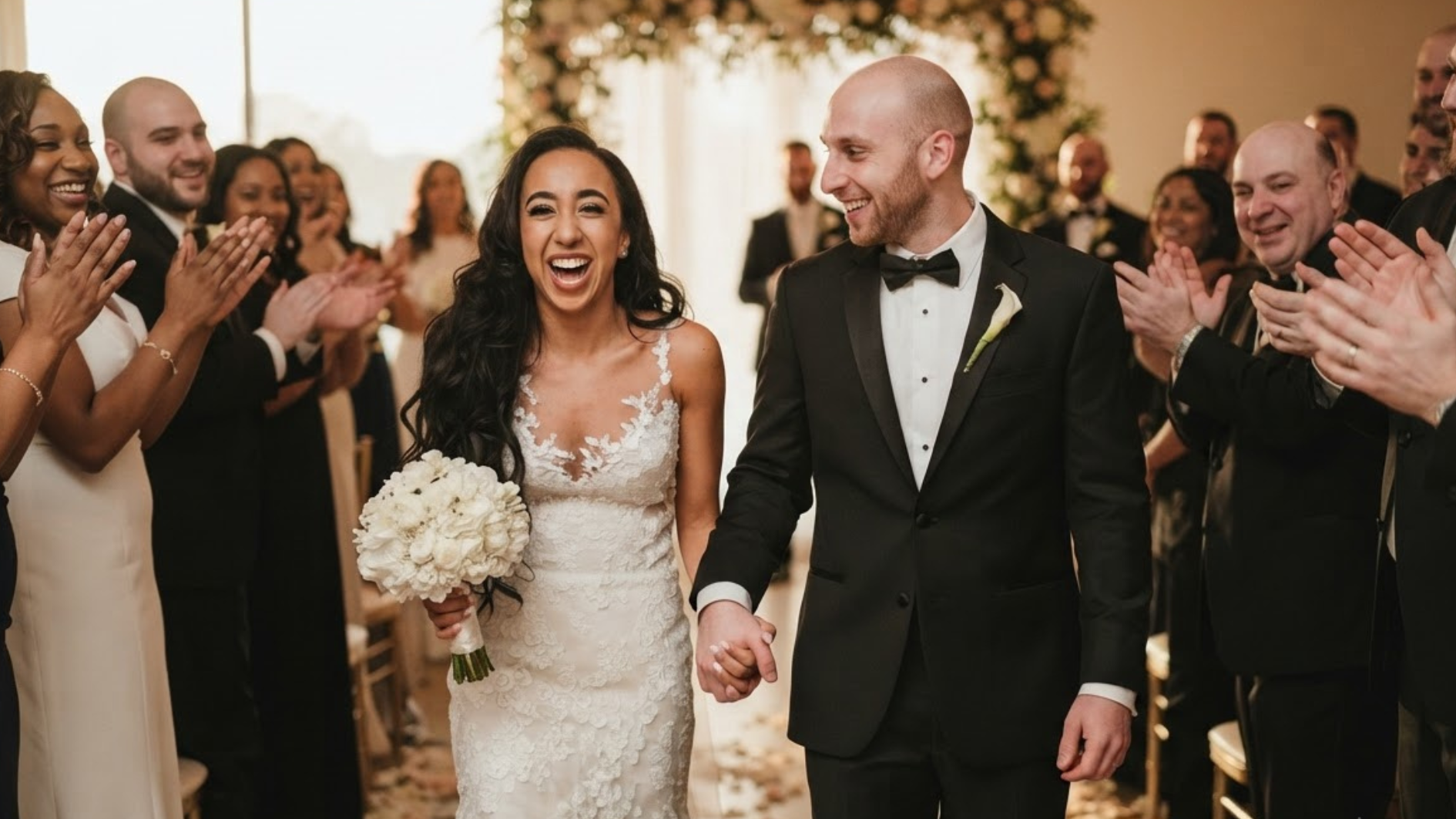 bride and groom walking through cheering wedding guests