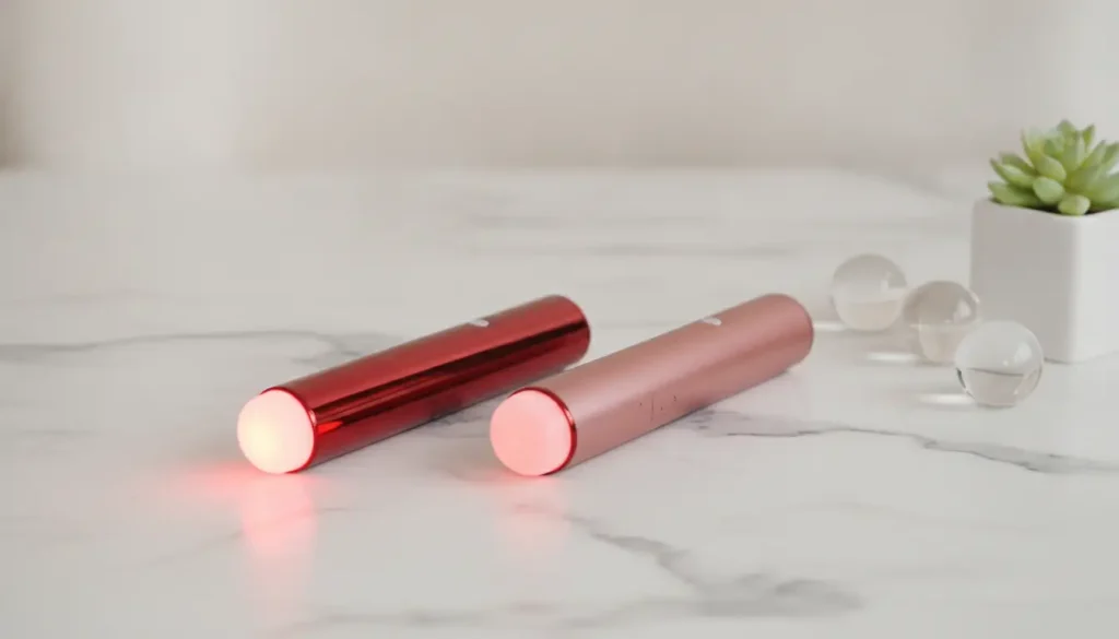 Two cylindrical red and pink LED devices on white marble surface with a small succulent plant