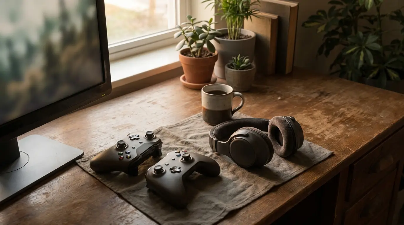 Game controllers and headphones on wooden desk with potted plants and a coffee mug nearby