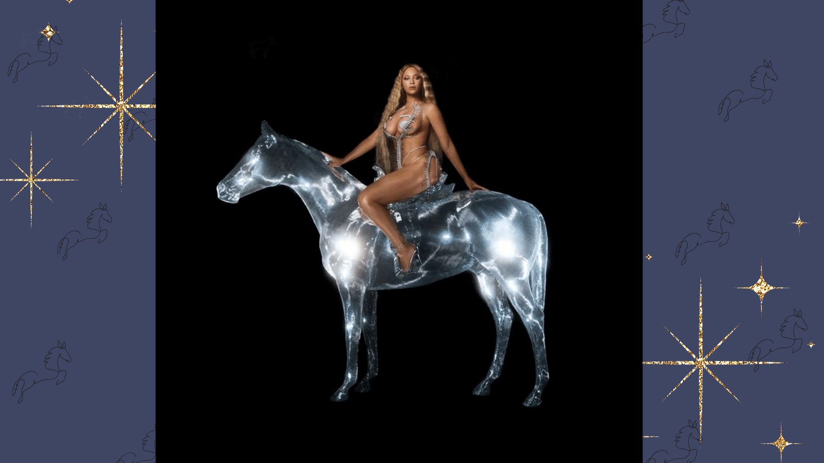 renaissance album cover showing beyoncé seated on a silver horse, with blue panels decorated with gold stars and horse outlines