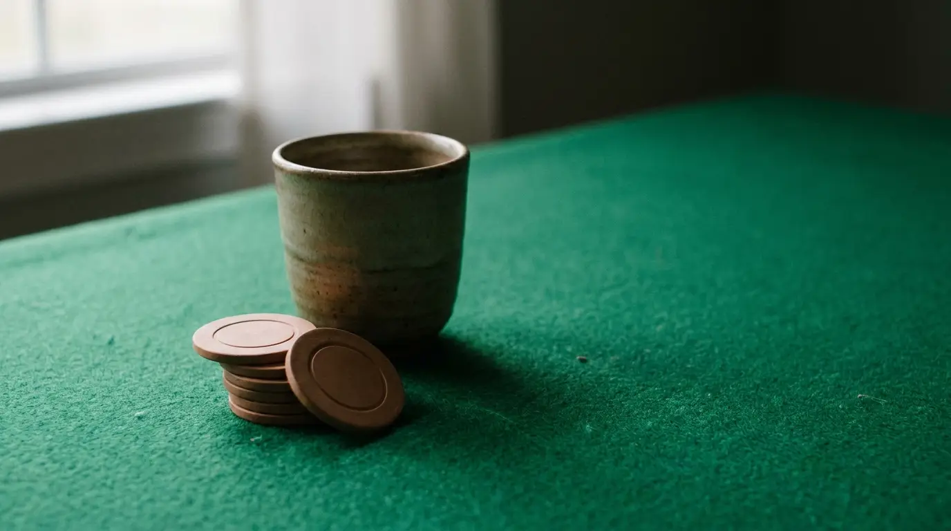 Ceramic cup and stacked wooden tokens on green felt table in dim lighting