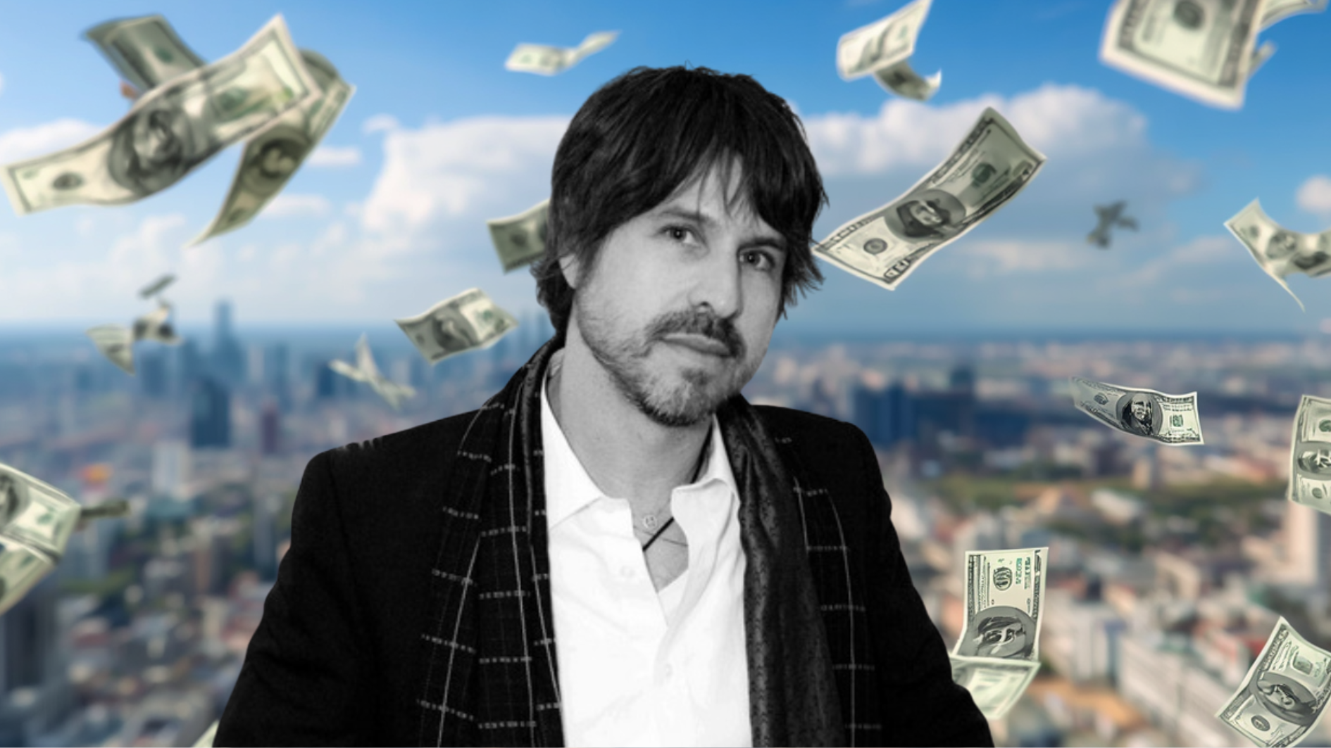 rodger berman poses in front of a blurred city skyline as us dollar bills appear to fall around him