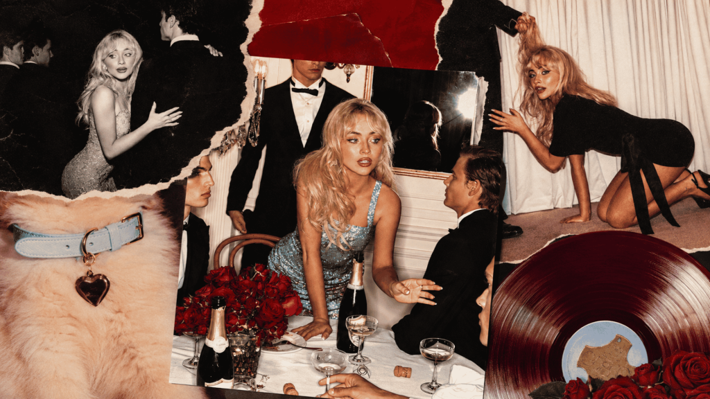 mans best friend album cover collage with sabrina carpenter and a red vinyl record