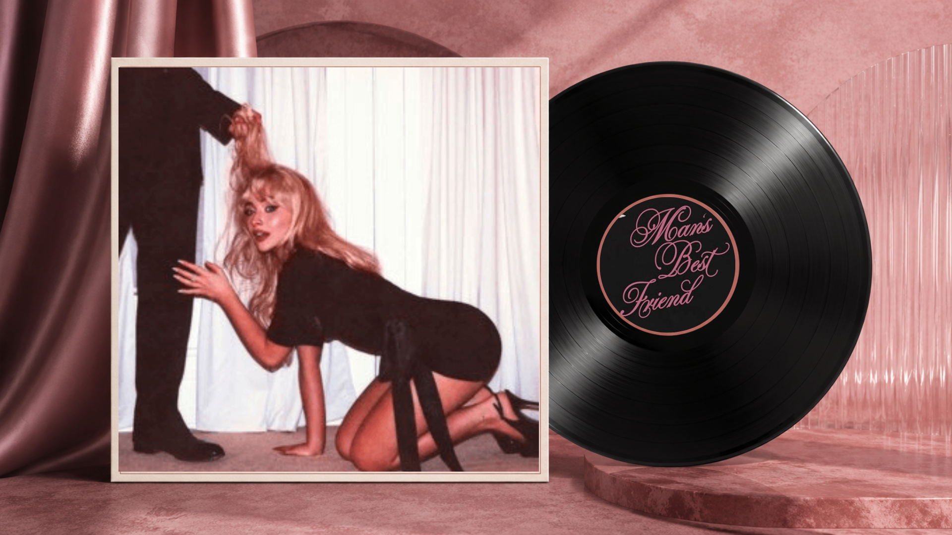 mans best friend album cover and sabrina carpenter posing indoors