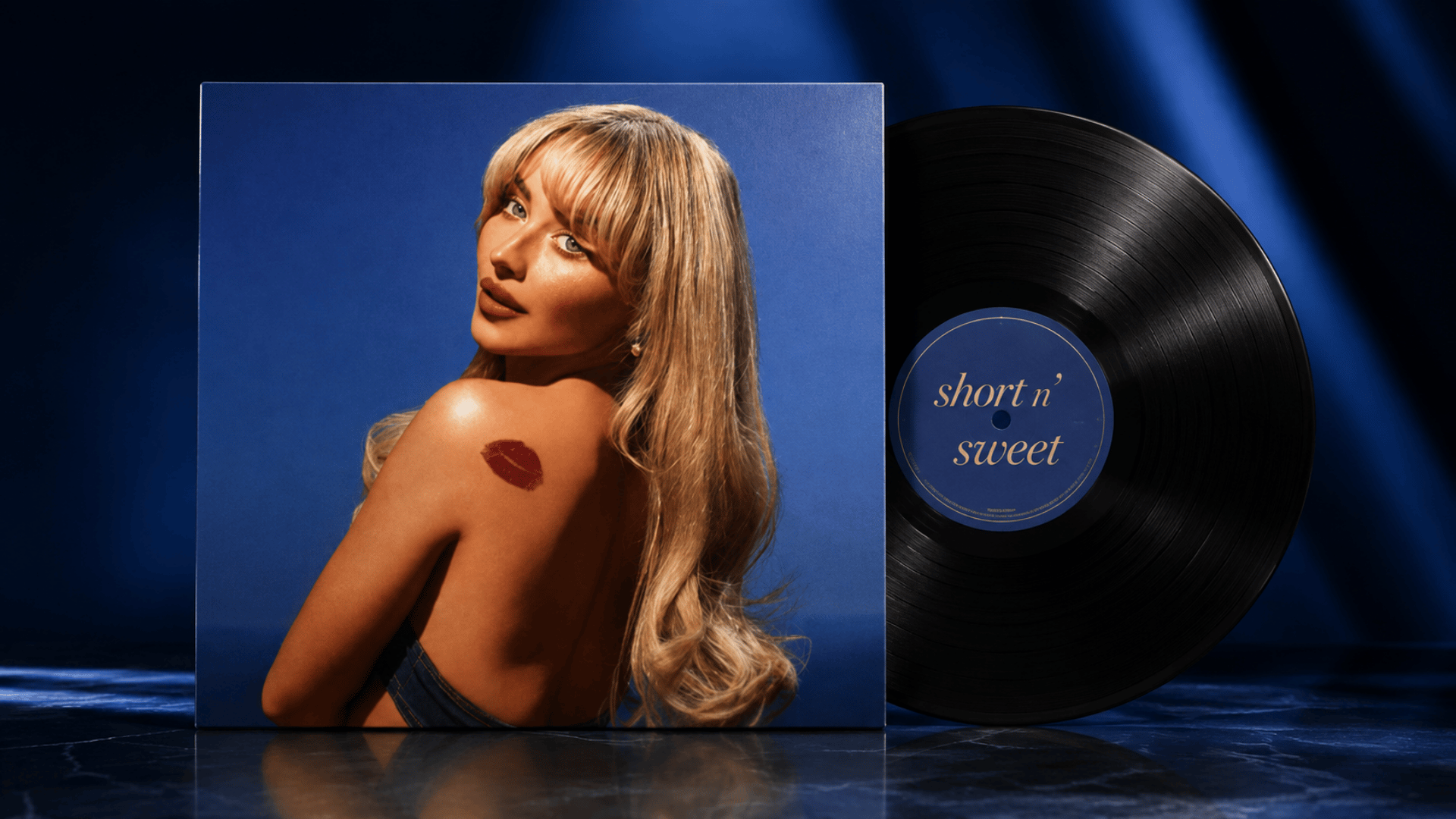 short n sweet album cover with black vinyl record and portrait image