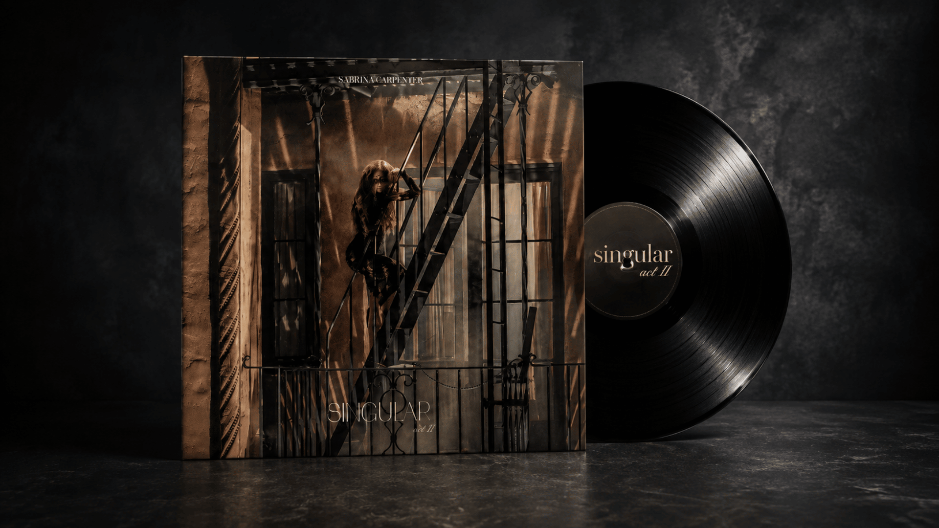 singular act II album cover with black vinyl record in dark setting