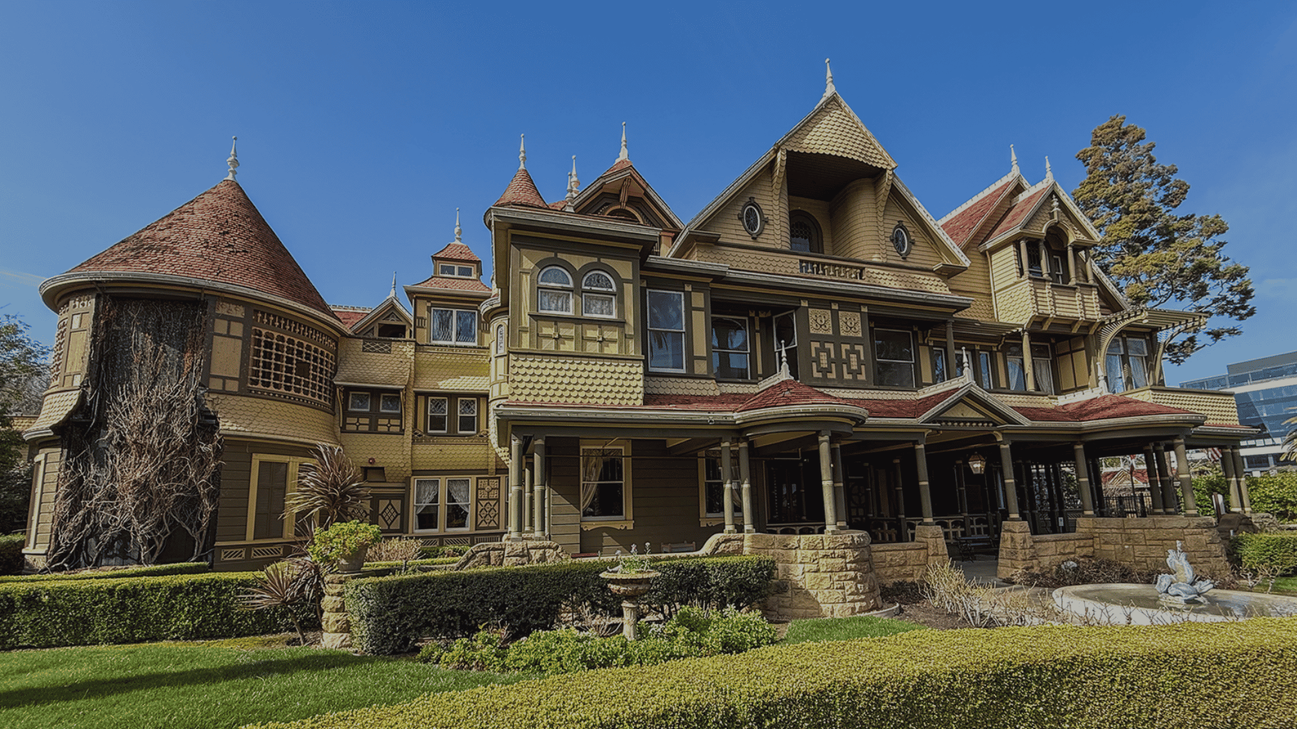 exterior of the Winchester Mystery House owned and expanded by sarah winchester