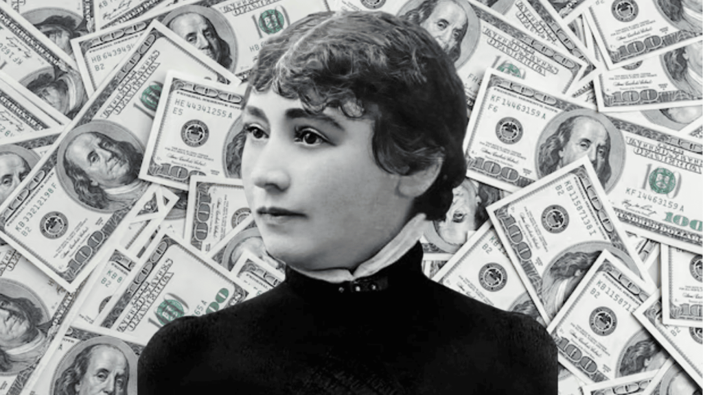 portrait of sarah winchester with a background of US dollar bills
