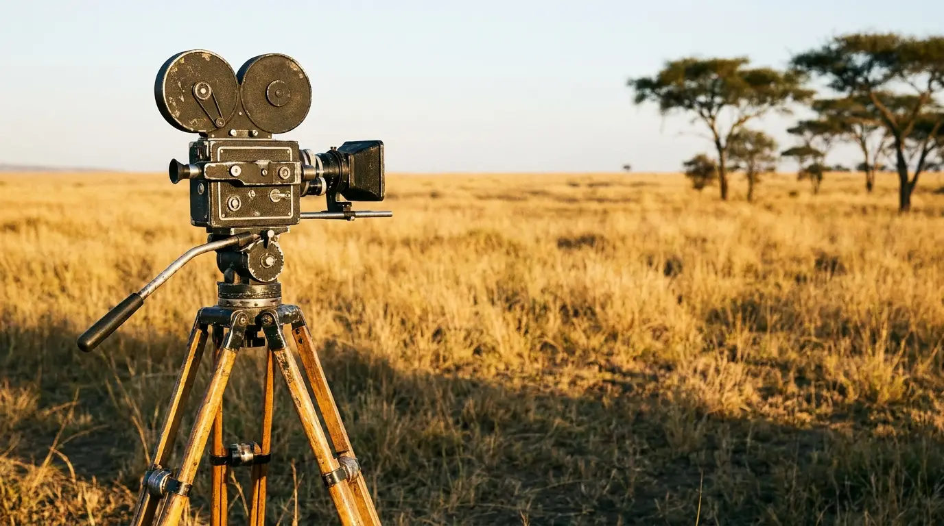 Vintage film camera on tripod in open savannah with acacia trees and golden grass
