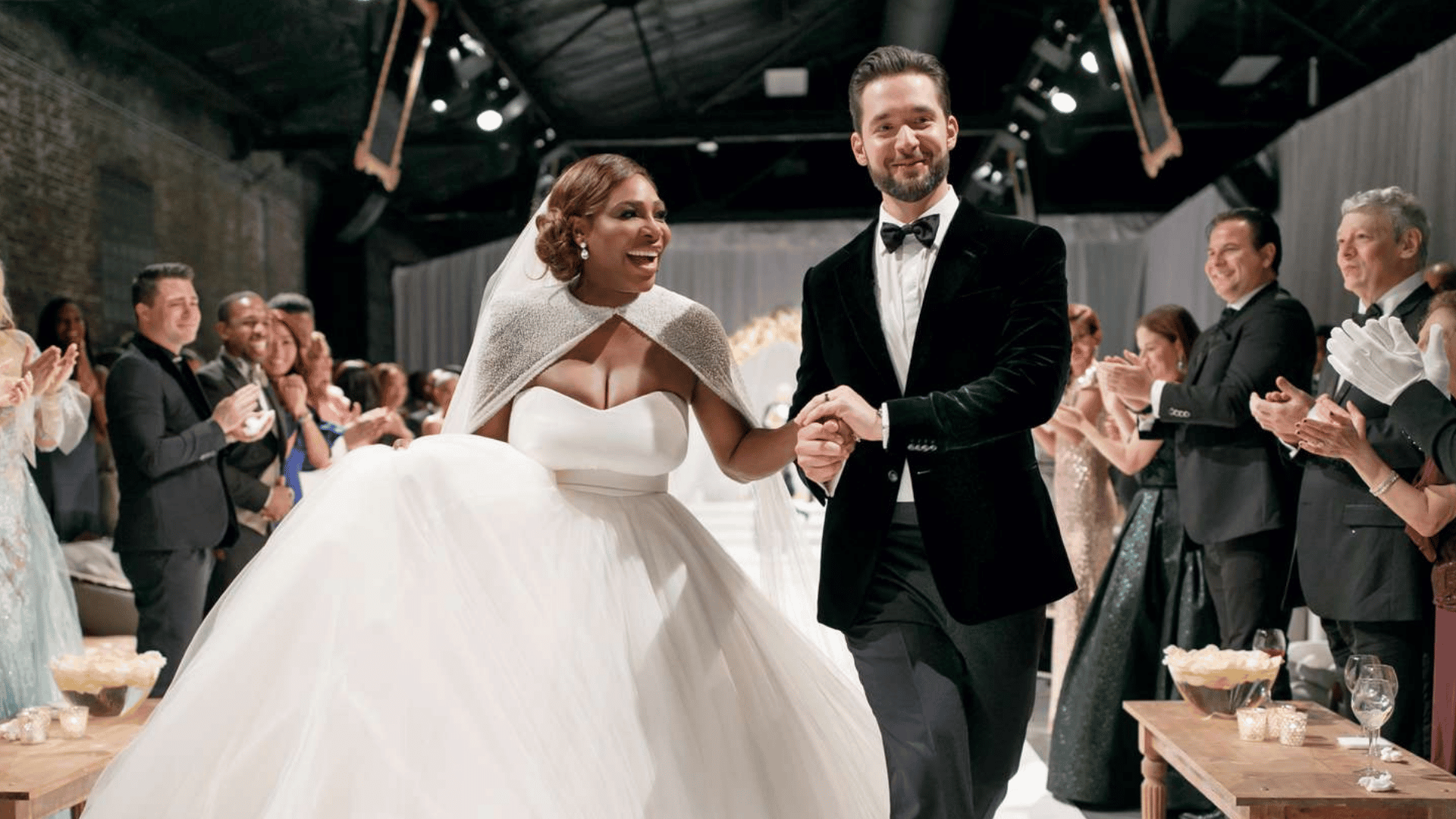Serena Williams and Alexis Ohanian smiling together at their wedding ceremony.