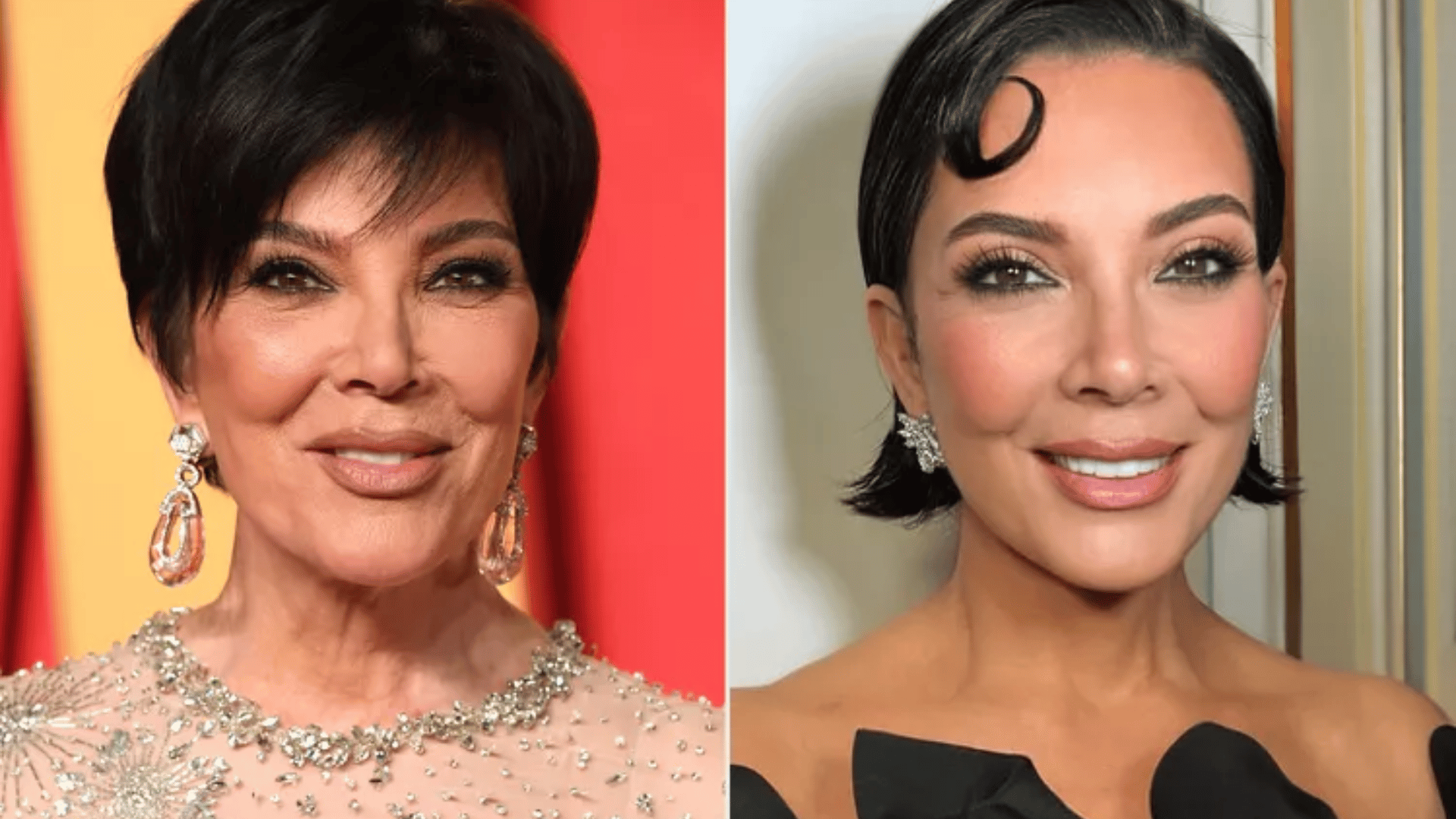 side-by-side portraits of kris jenner with short dark hair, wearing glamorous makeup, sparkling earrings, and elegant evening attire.!