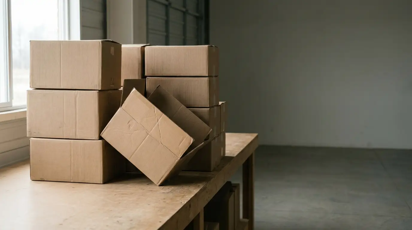 Cardboard boxes stacked on wooden table in warehouse with natural light filtering through a window