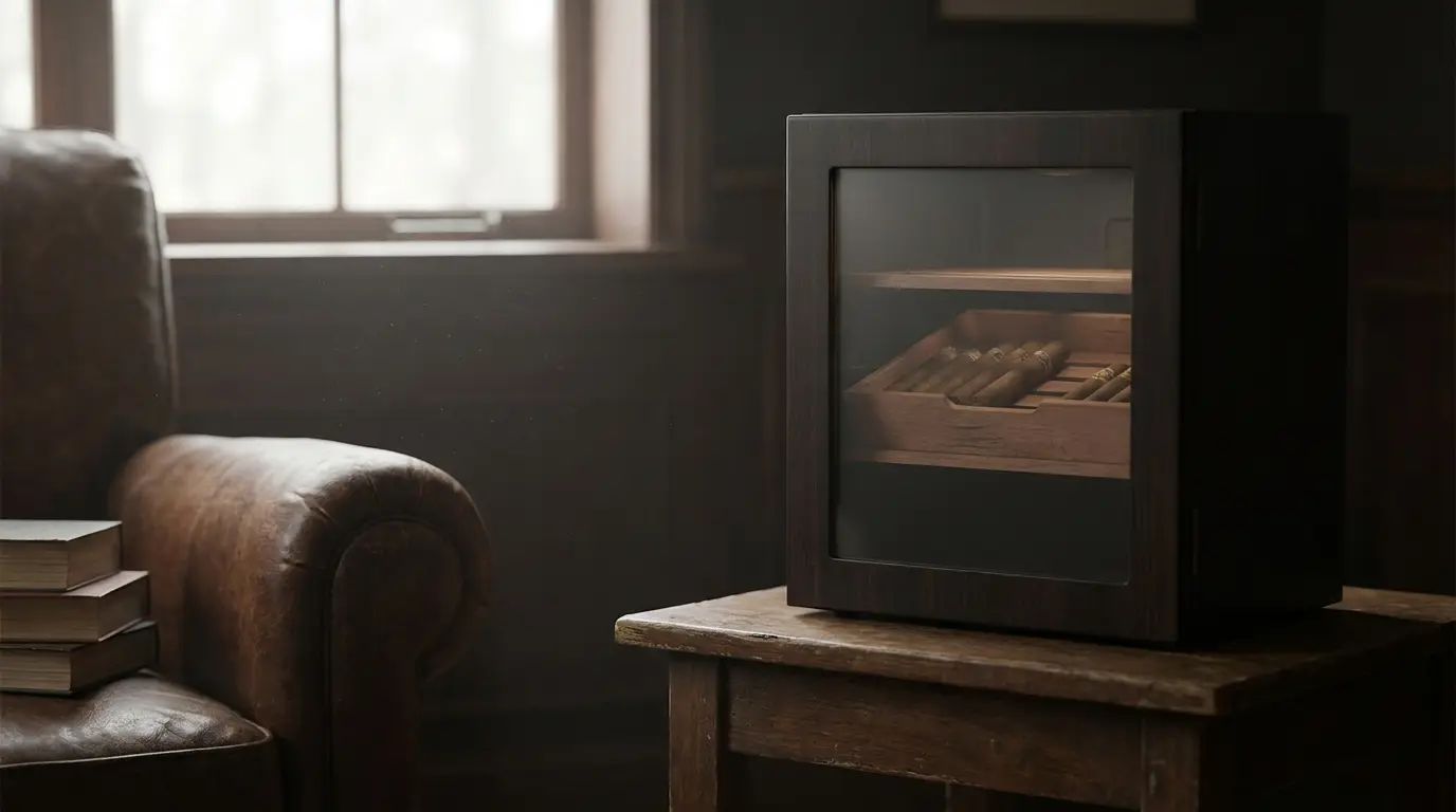 Cigar humidor on wooden table beside leather armchair in cozy den with warm lighting