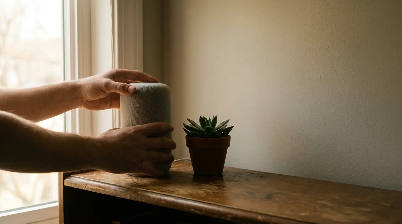 Hands placing a smart speaker beside a small potted plant on a wooden table near a window