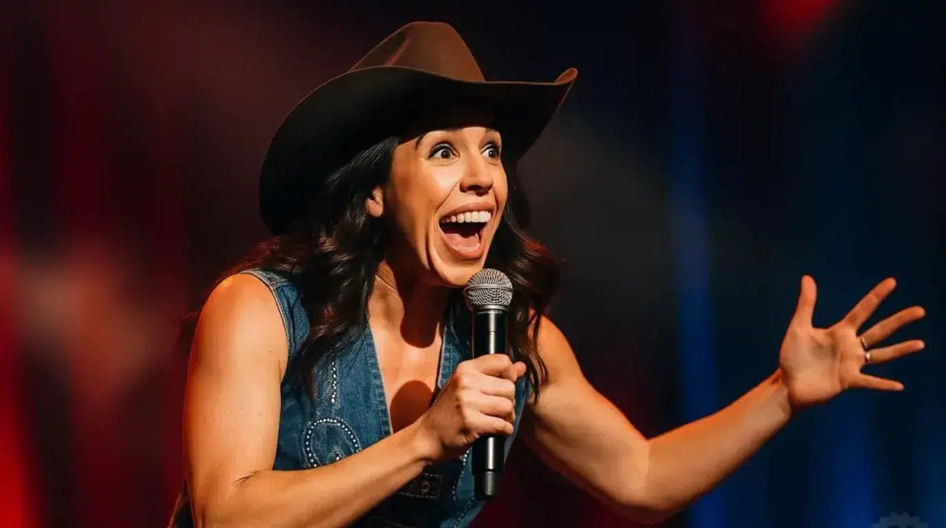 smiling woman in a cowboy hat performing on stage with a microphone and one hand raised