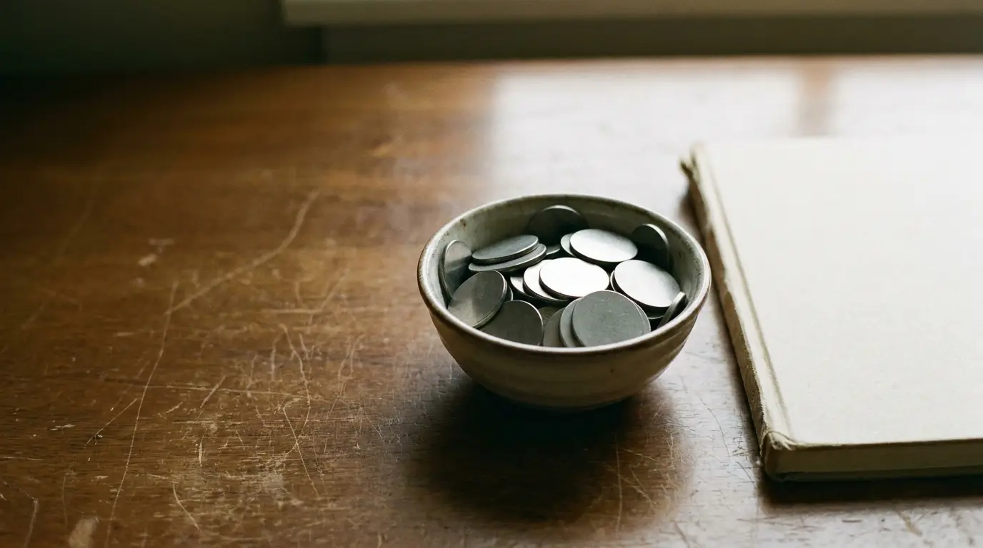 Bowl of coins next to a closed notebook on a wooden table